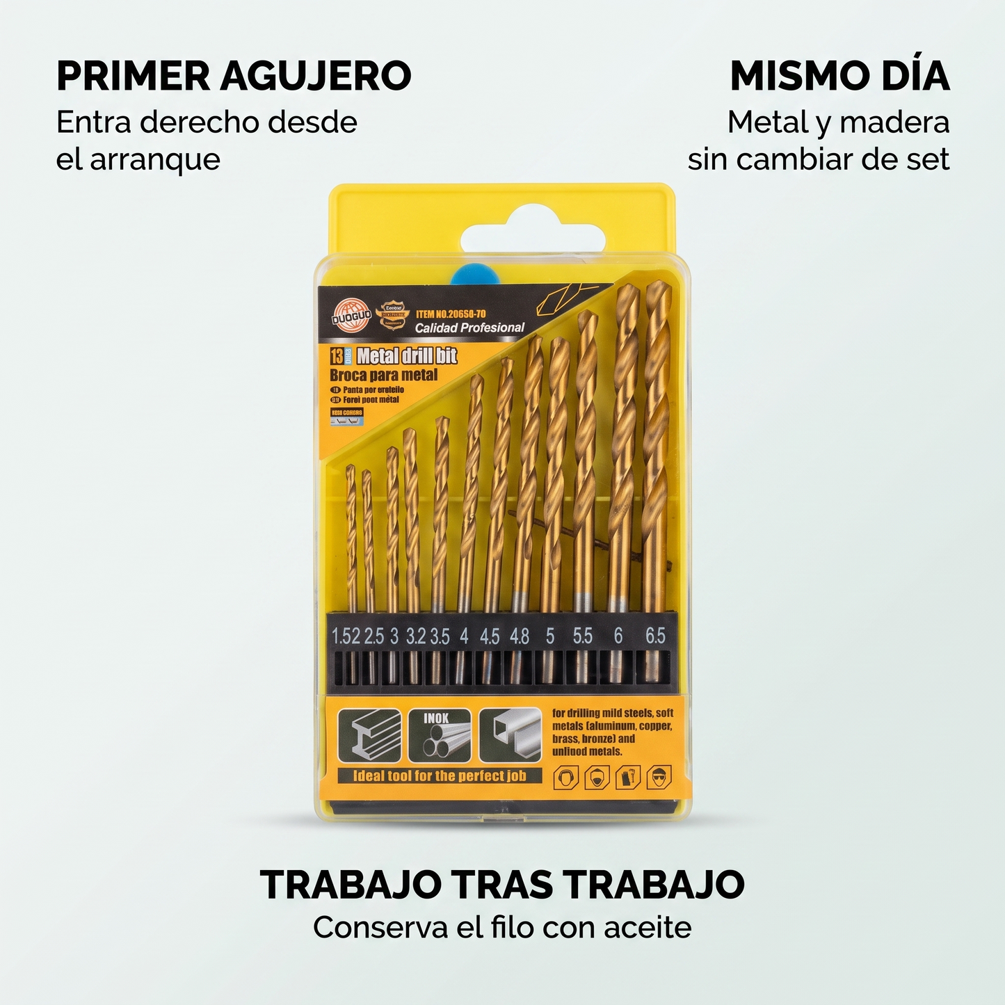 Juego de 13 brocas para metal y madera – Perfora sin desviarse