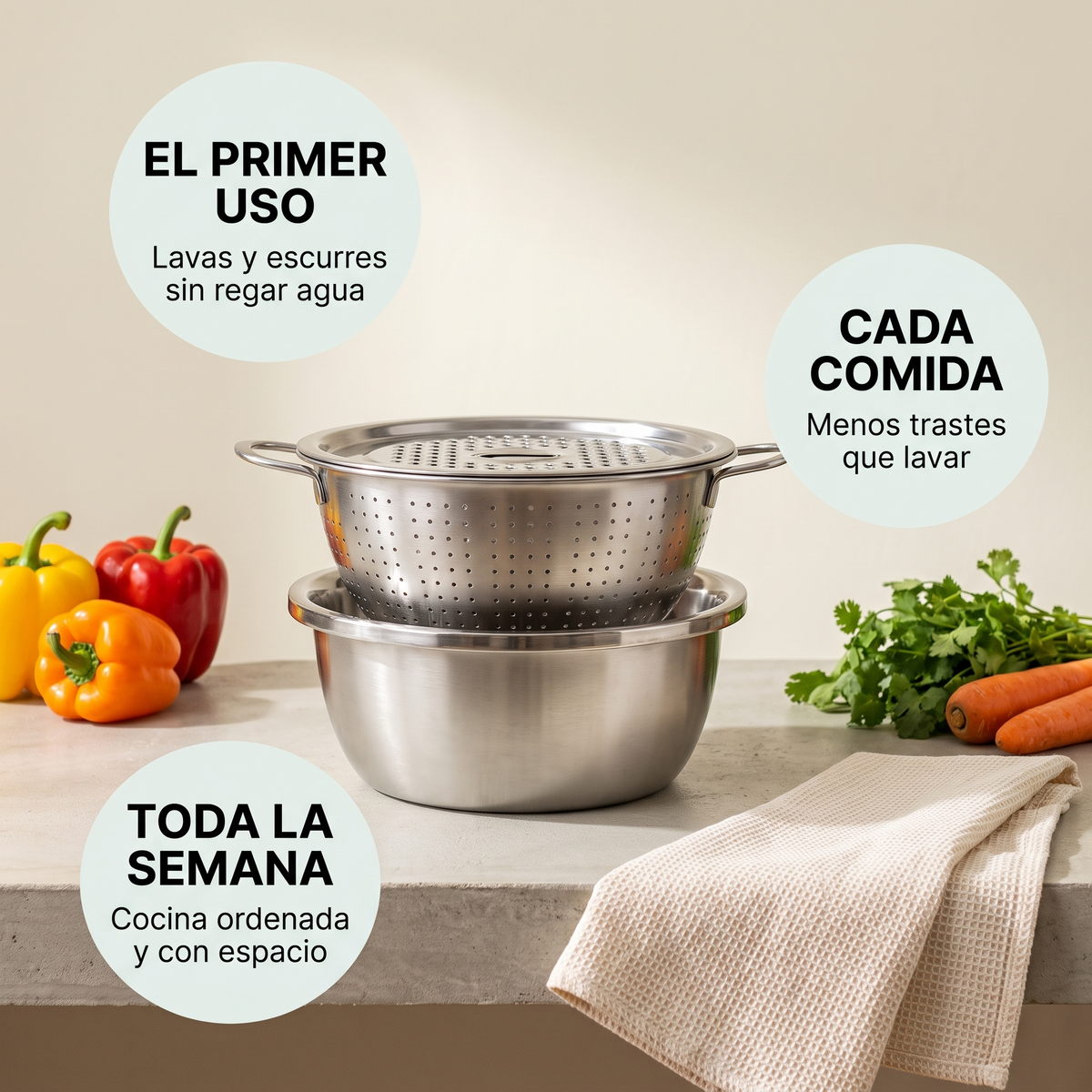 Set de cocina 3 en 1 de acero – lava, escurre y ralla