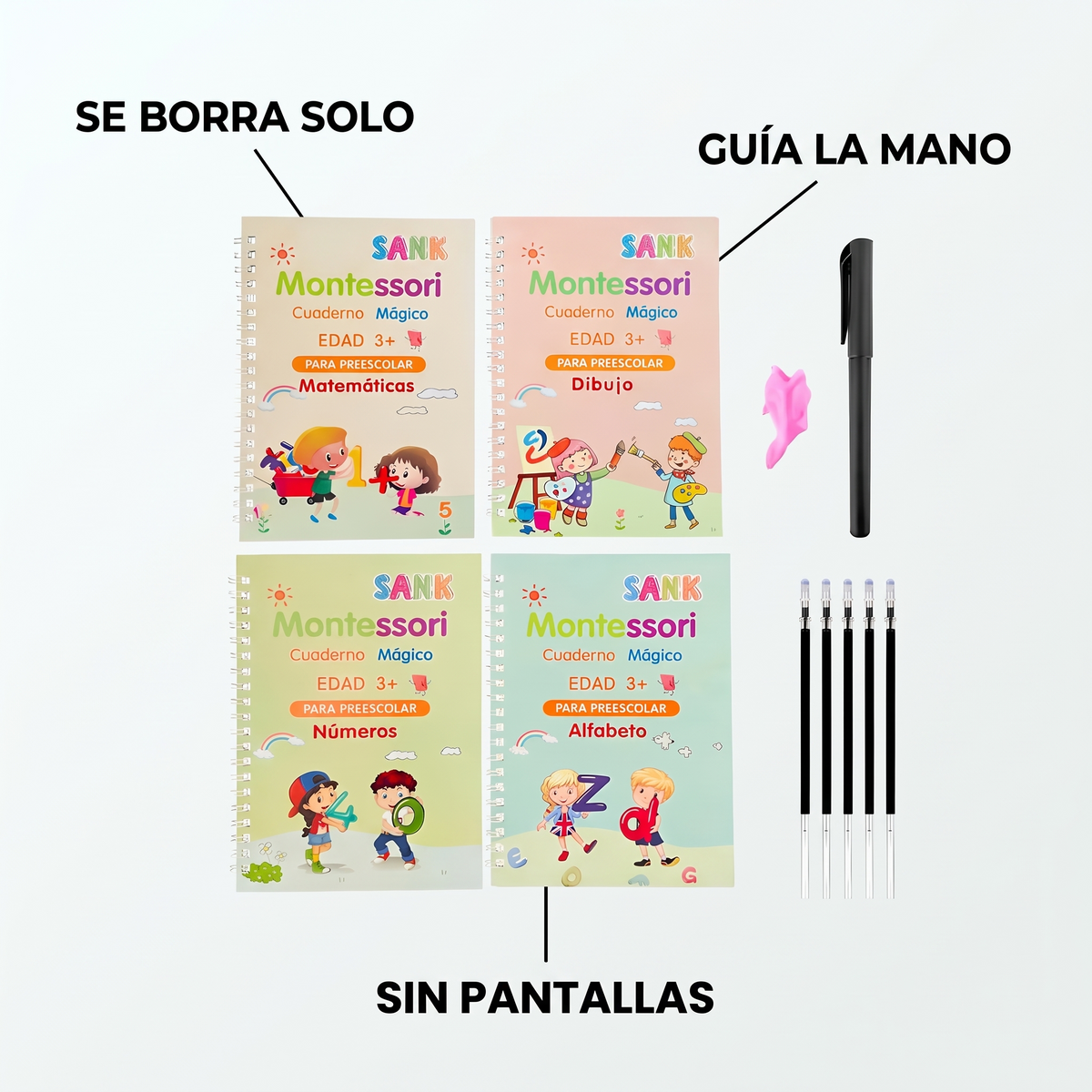 Set 4 cuadernos mágicos Montessori – Aprende y se borra solo