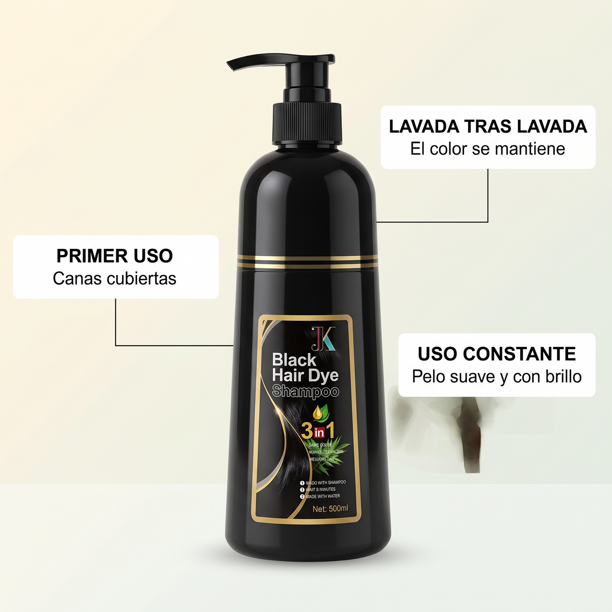 Shampoo tinte 3 en 1 cubre canas negro – sin manchar la piel