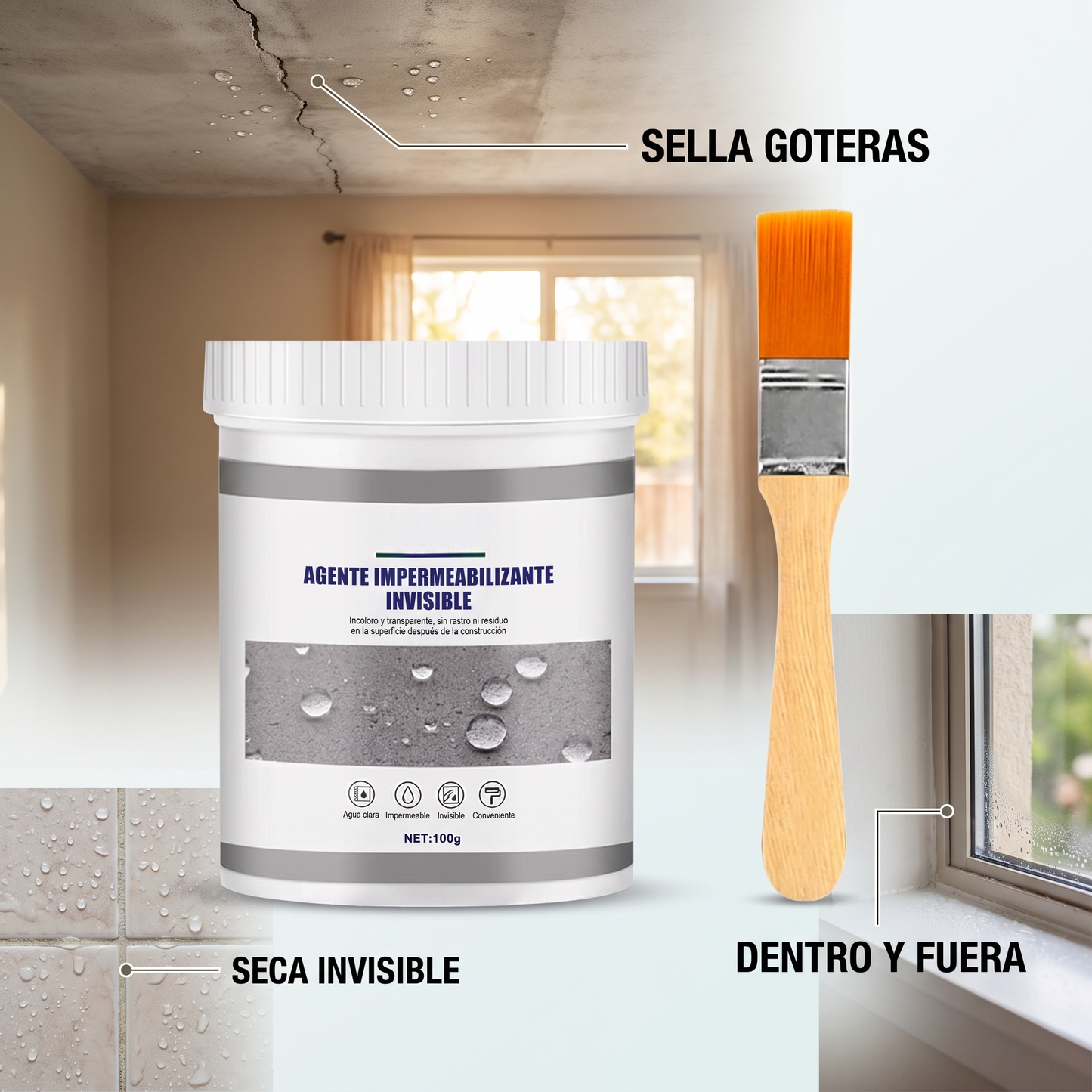 Impermeabilizante transparente con brocha – sella goteras y fugas