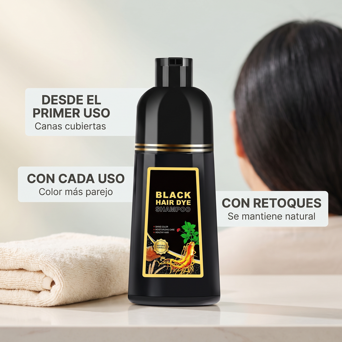 Champú tinte negro 3 en 1 – Cubre tus canas al lavarte