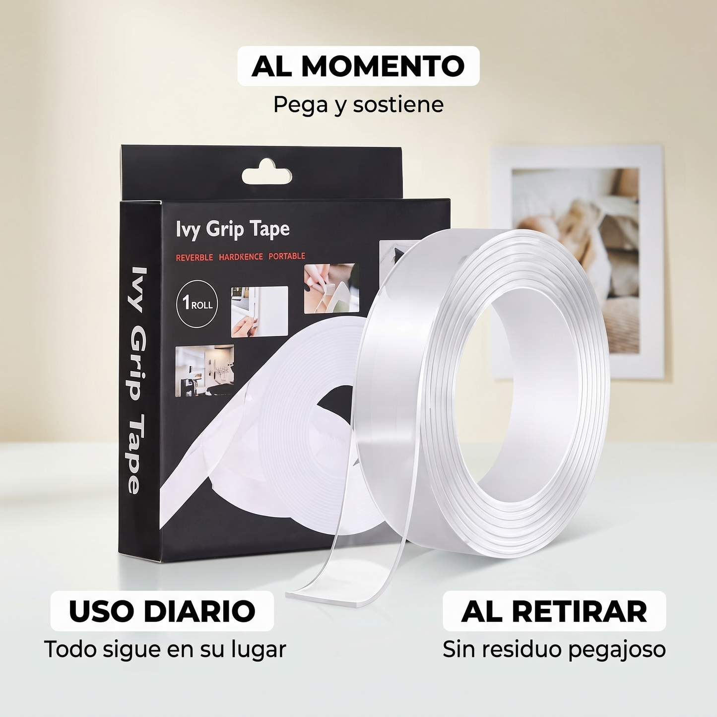 Cinta doble cara transparente – Cuelga sin clavos ni taladro