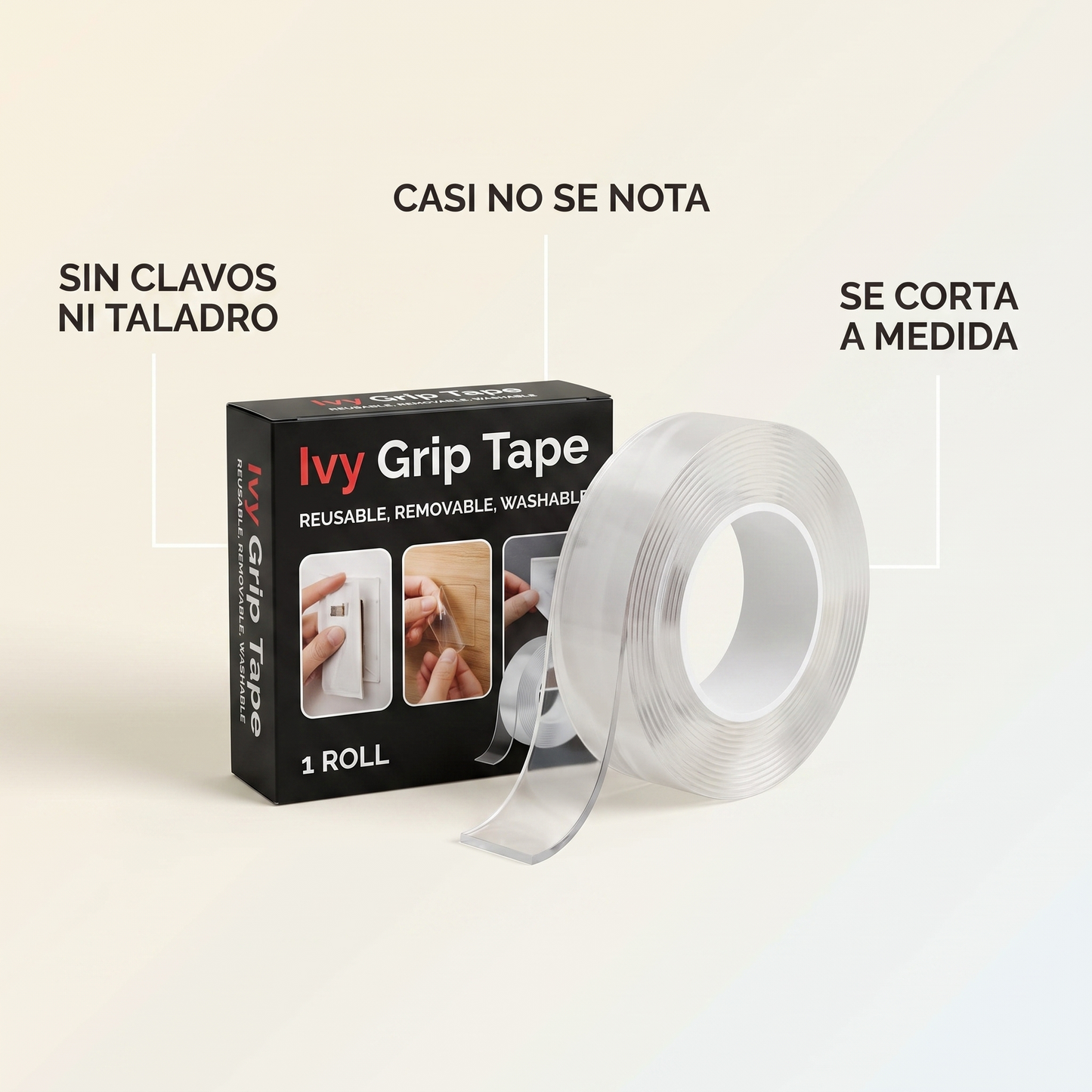 Cinta doble cara transparente – Cuelga sin clavos ni taladro