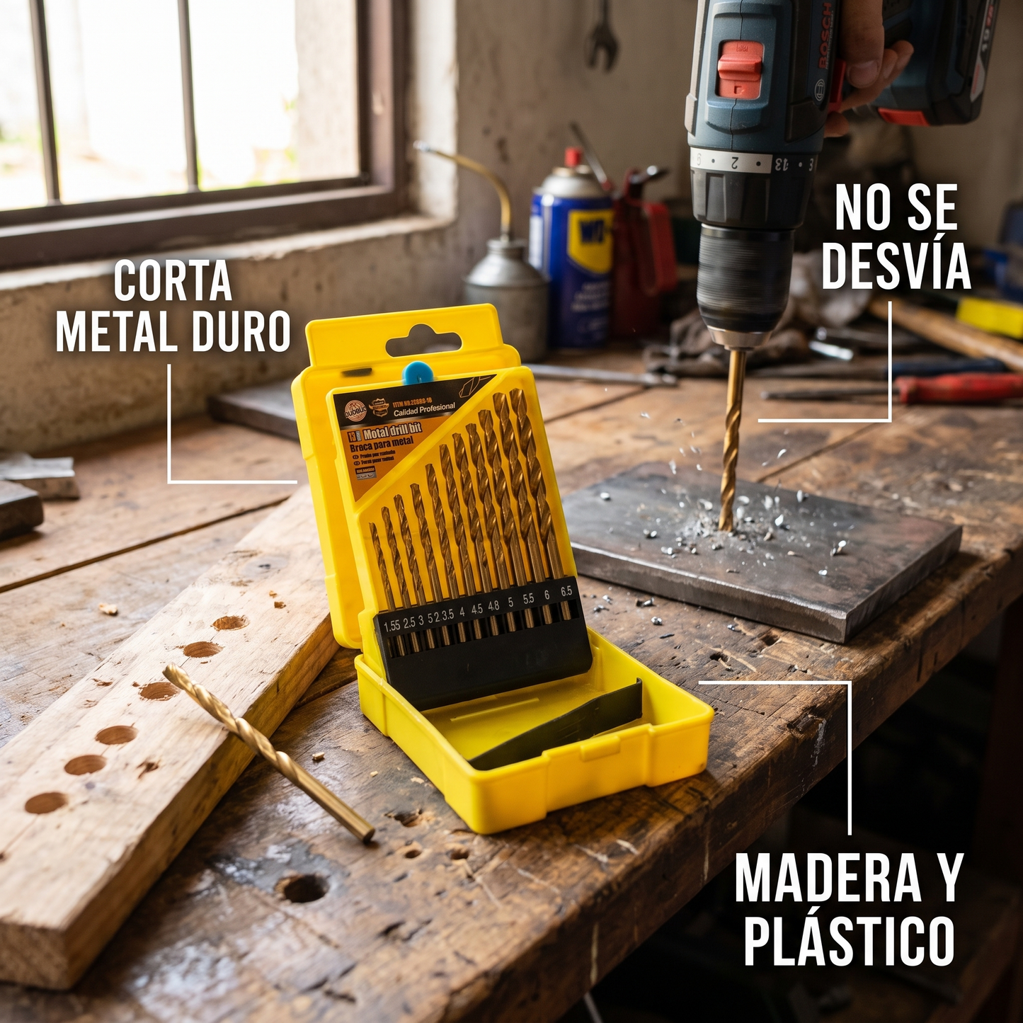 Juego de 13 brocas para metal y madera – Perfora sin desviarse