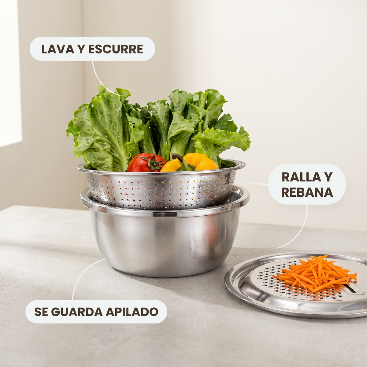 Set de cocina 3 en 1 de acero – lava, escurre y ralla