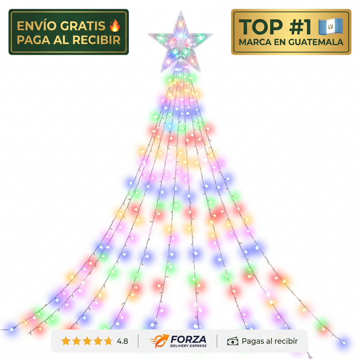 Luces navideñas cascada con estrella – decora tu árbol en minutos
