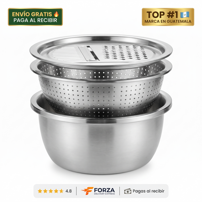 Set de cocina 3 en 1 de acero – lava, escurre y ralla